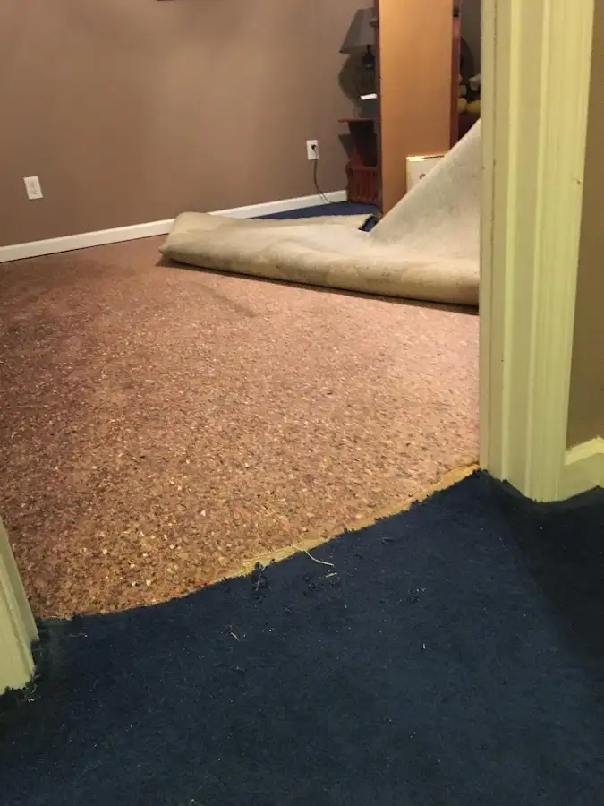 Carpet pad removal revealing water damage during Drying & Dehumidification in Tanglewilde