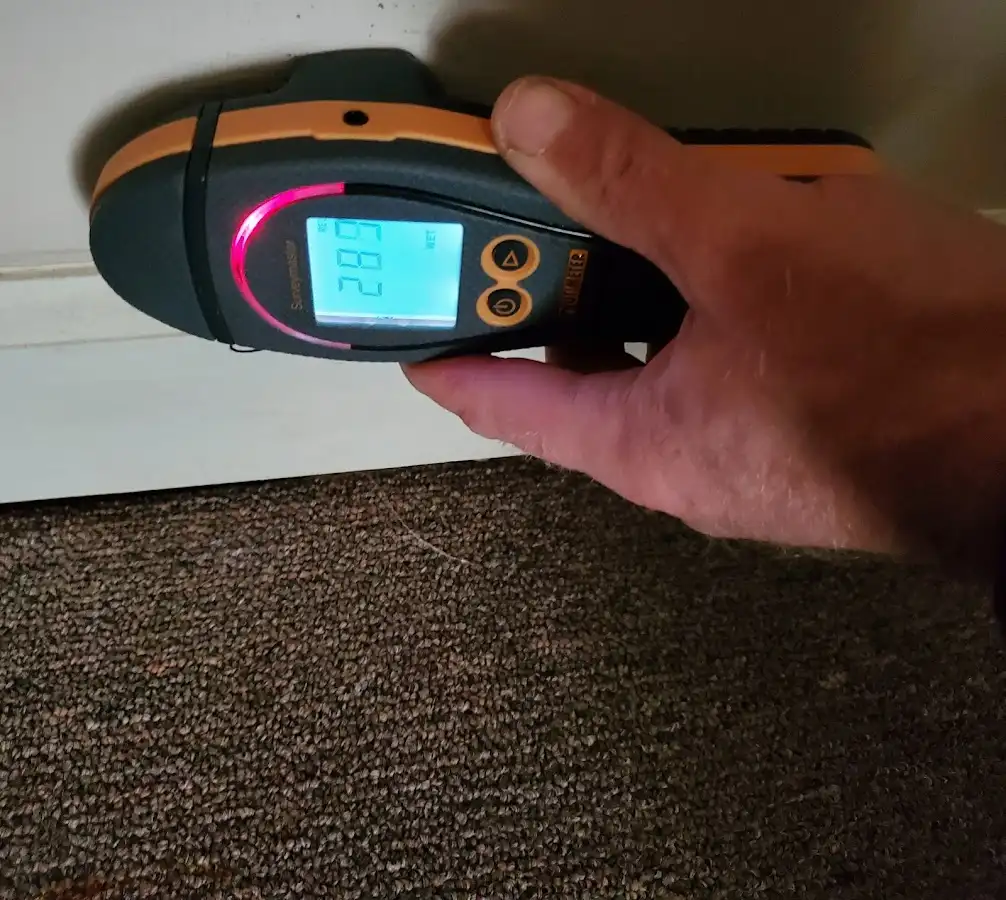 Moisture detection at baseboard during Storm Damage Restoration in Tanglewilde